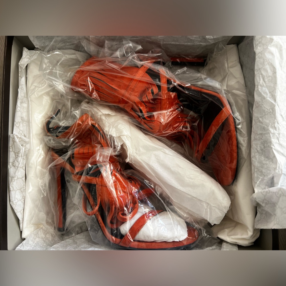 Gucci Orange Suede Fringe Stiletto Sandals - Picture 8 of 10